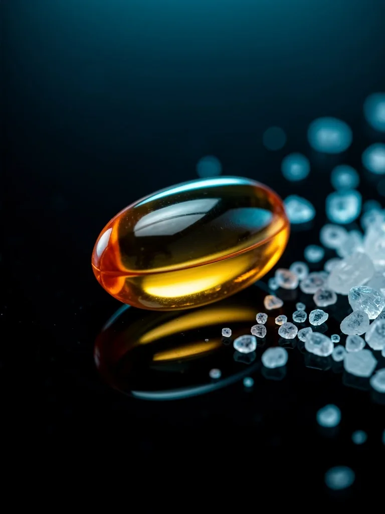 Macro view of a vitamin capsule on a dark surface