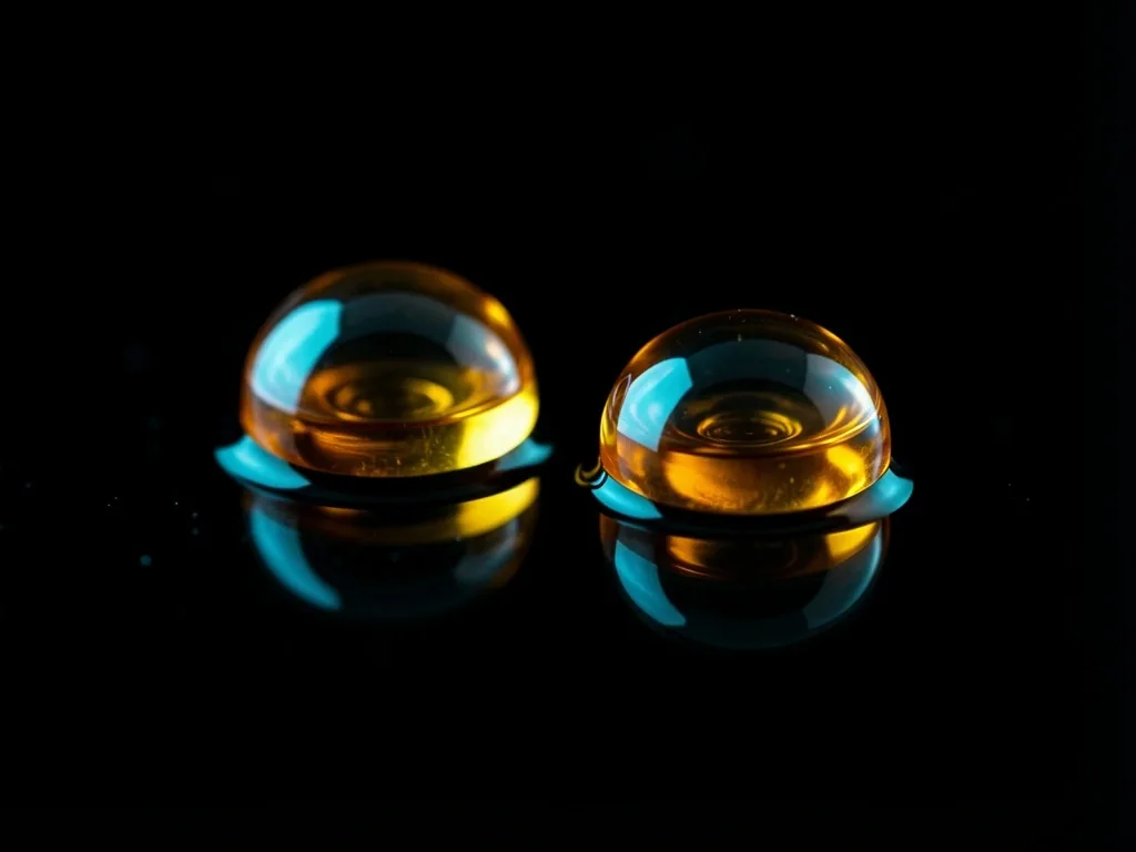 Vitamin oil droplets on a dark glass surface