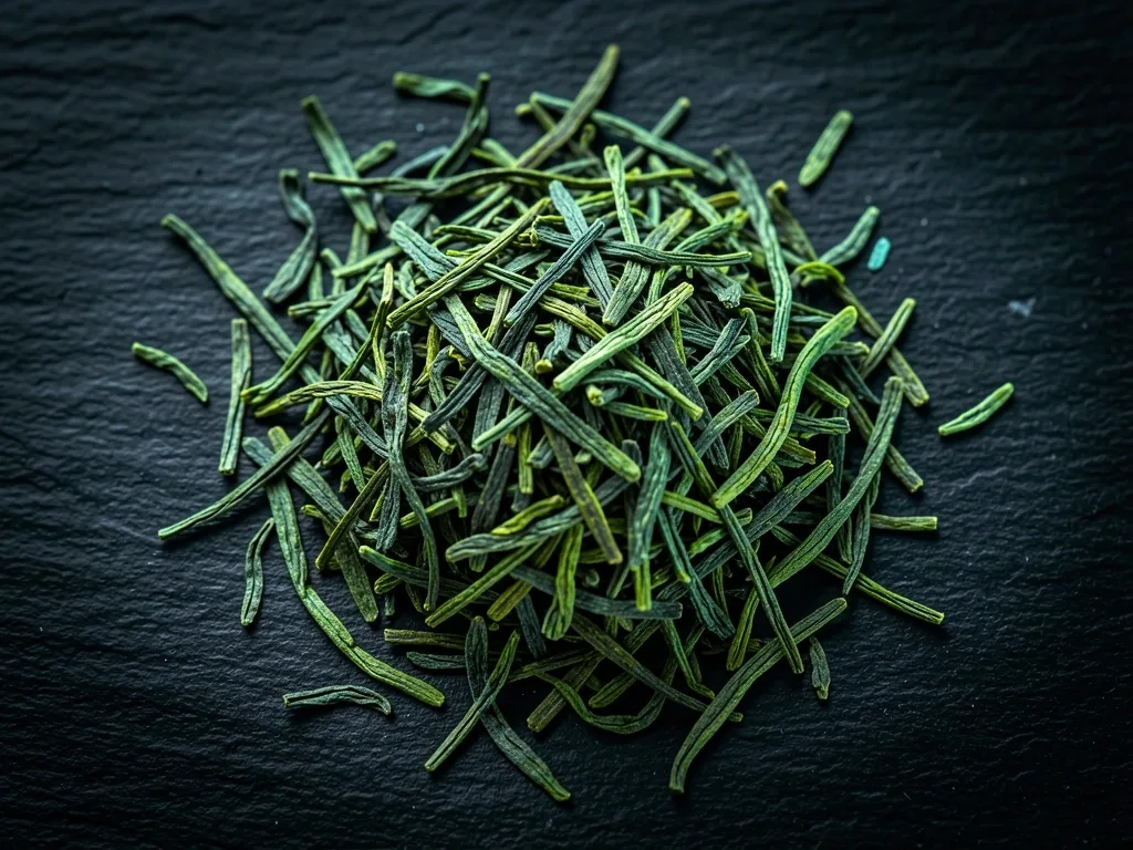 Dried green tea leaves on a dark surface