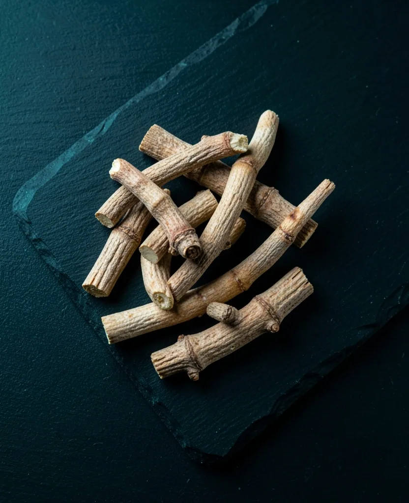 Dried ashwagandha root arranged on dark slate