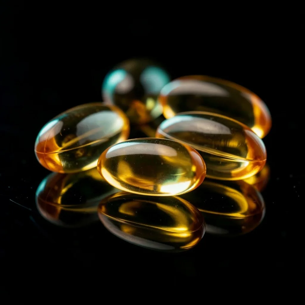 Golden CoQ10 capsules on a dark reflective surface