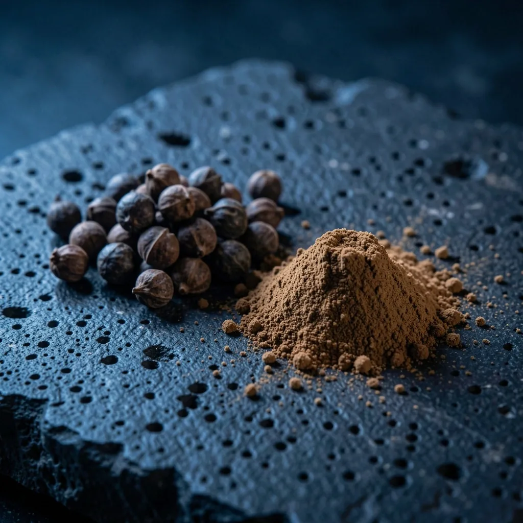 Guarana seeds arranged on dark slate