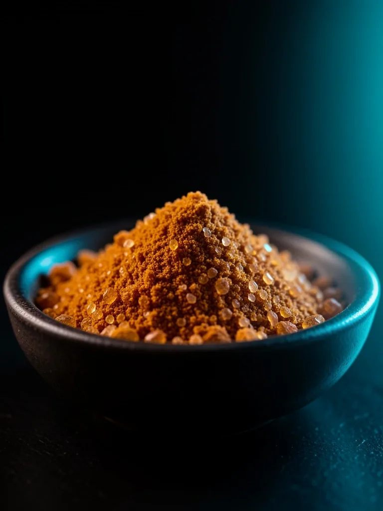 Macro view of natural ginseng powder in a dark dish with cyan lighting