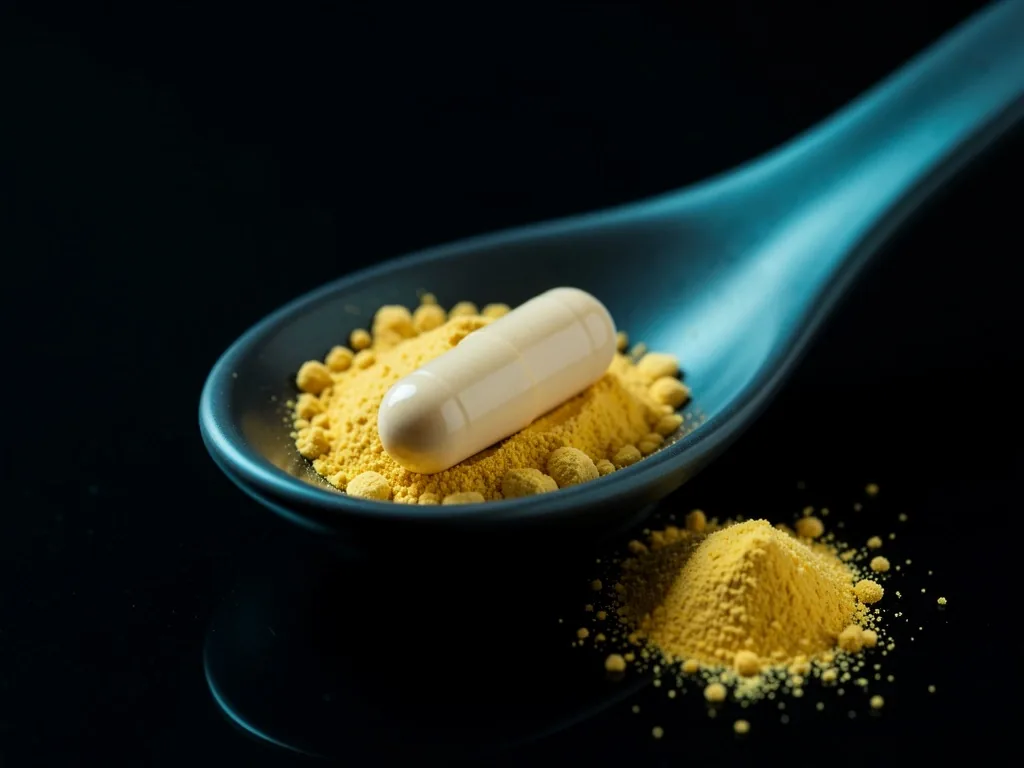 A supplement capsule on a dark spoon with vitamin powder