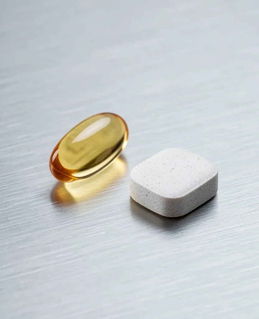 A supplement bottle on a dark reflective surface with loose capsules