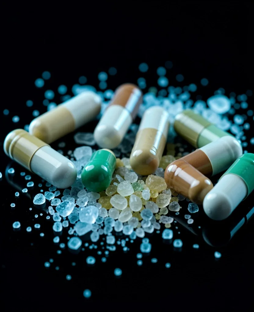 Natural supplement capsules on a dark surface