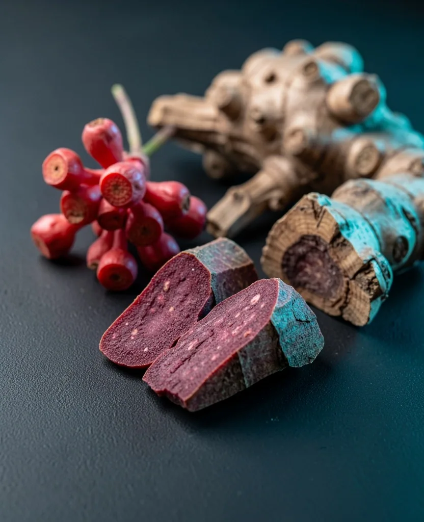 Dried botanical roots and herbs on dark slate