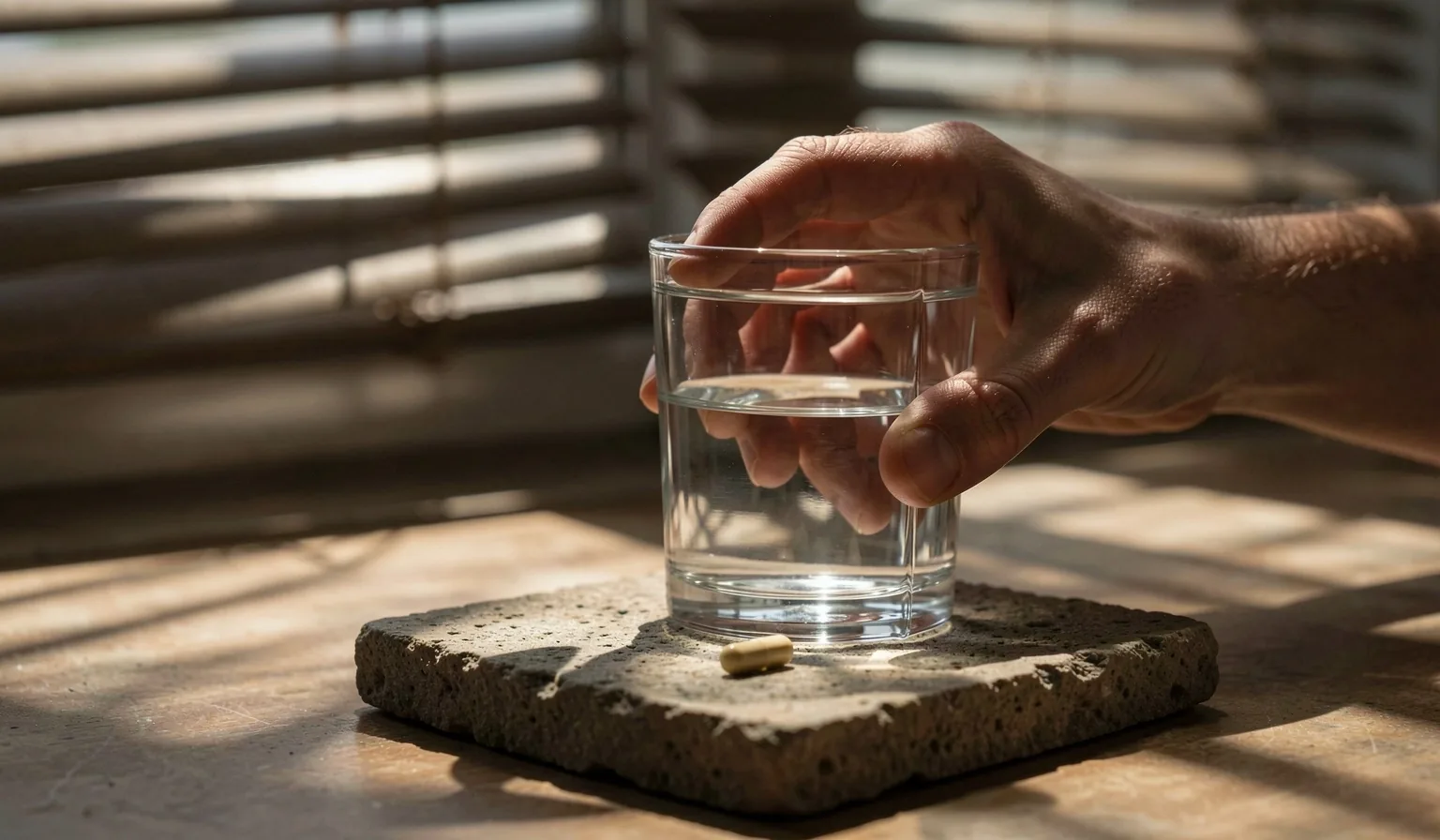 Minimalist morning wellness desk scene with water and supplements