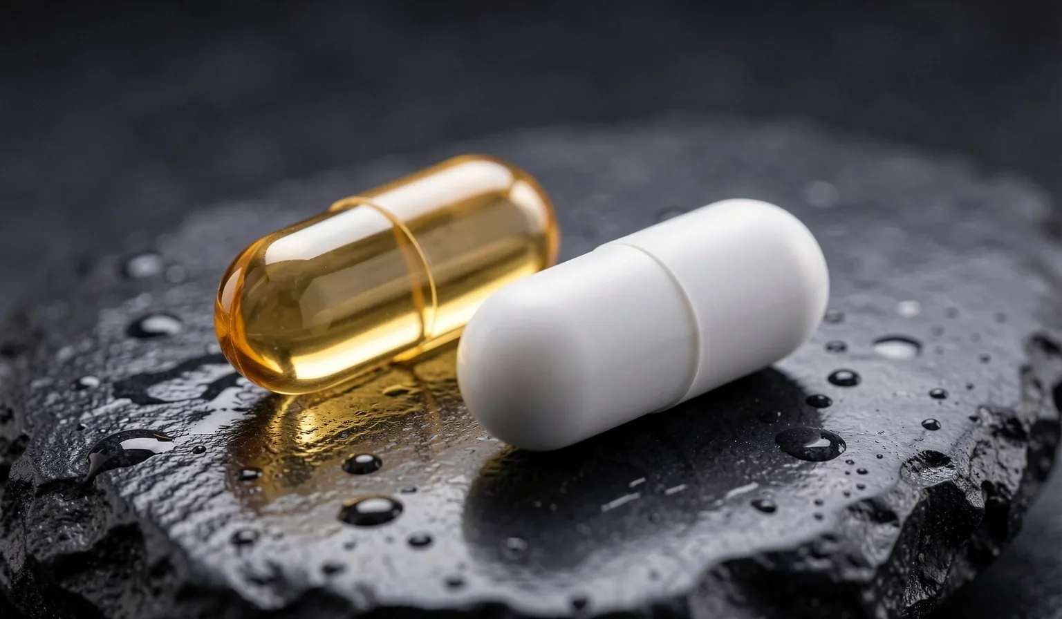 Two mineral supplement capsules on reflective dark surface