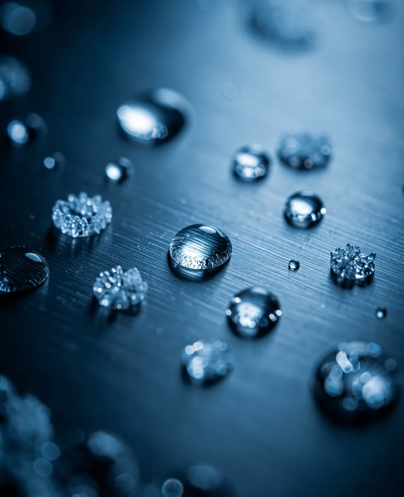 Water droplets with mineral crystals on dark surface