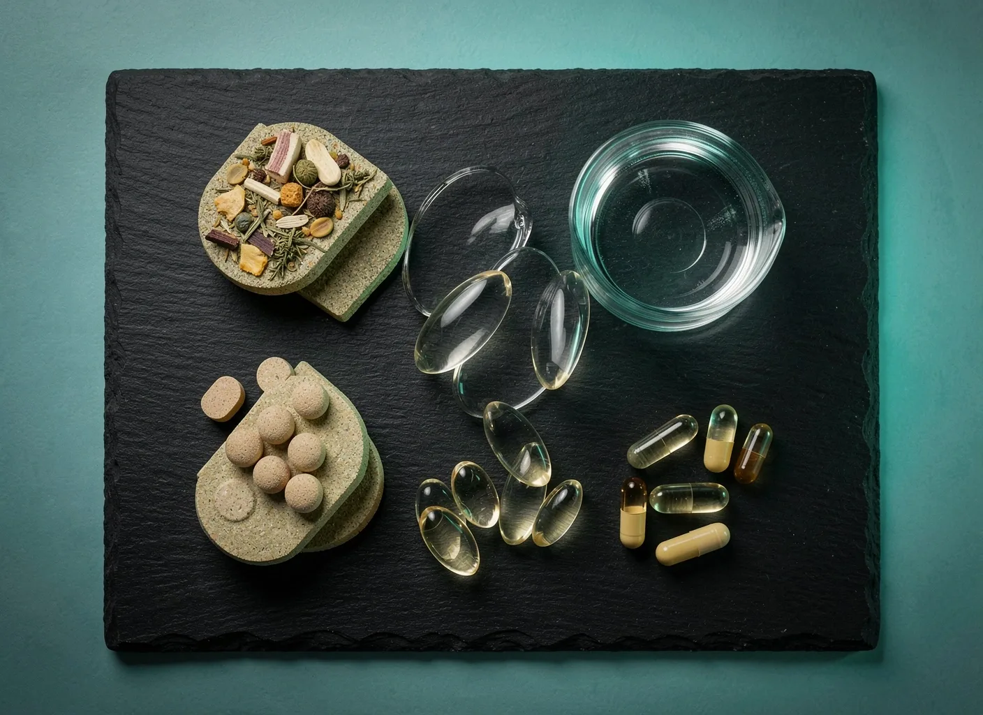 Natural supplement capsules on a dark surface