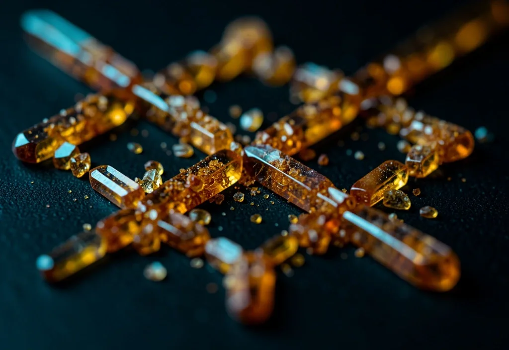 Macro view of natural supplement powder crystals under cyan laboratory lighting