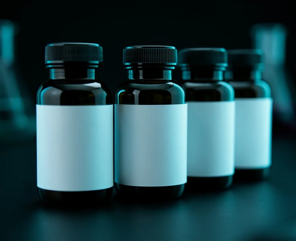 Natural supplement bottles under laboratory lighting
