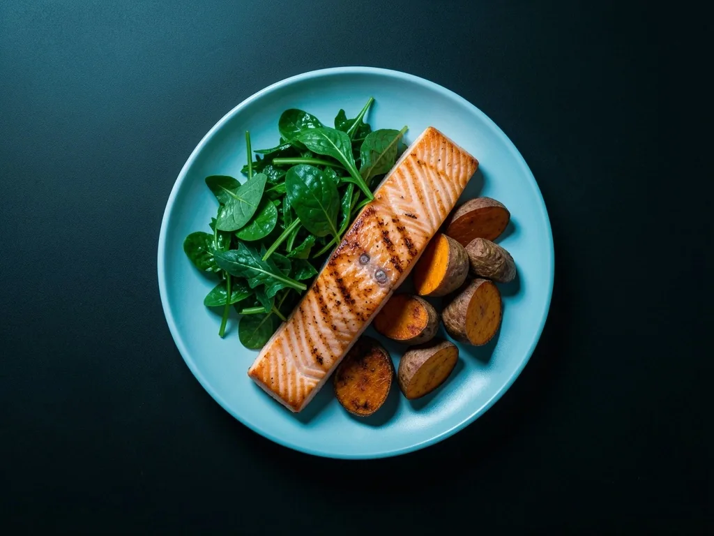Balanced nutrient-dense meal plate arranged on a dark surface