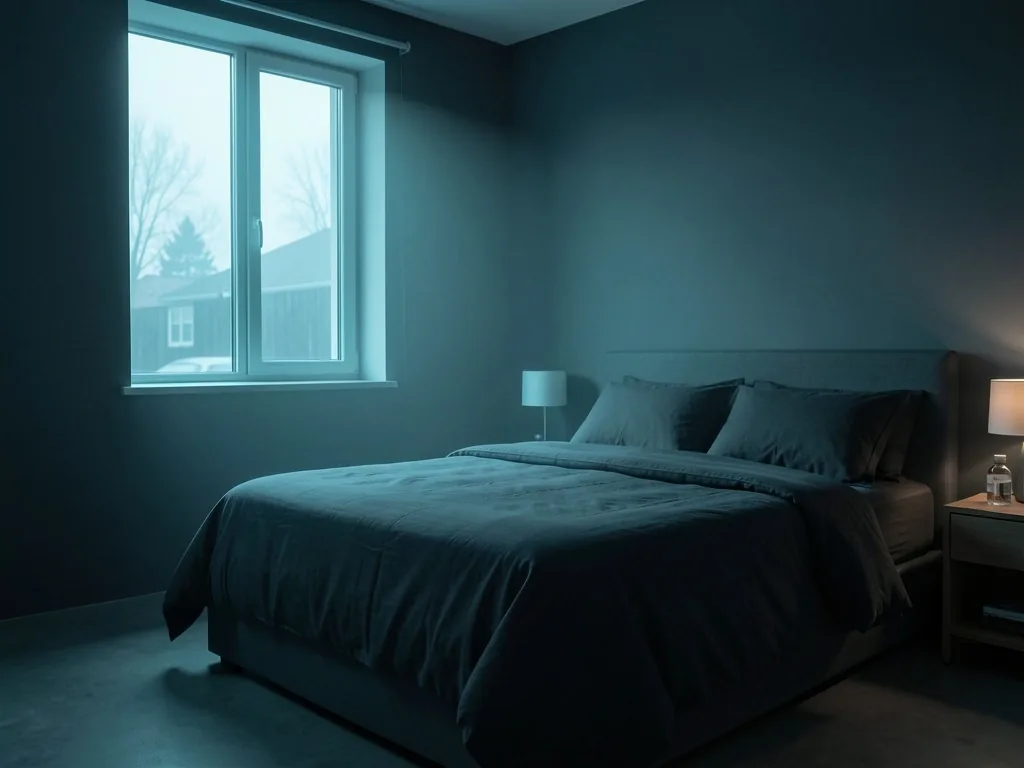 Dark bedroom with soft cyan dawn light