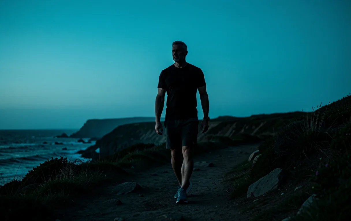 Man walking along a coastal path at blue hour